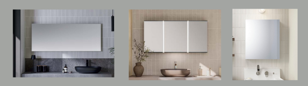 カスタムバニティに適合する大型一面鏡、LED照明付き三面鏡、コンパクトな一面鏡のラインアップ