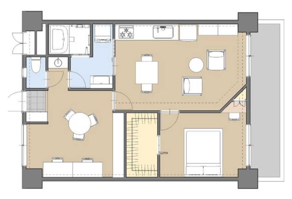 壁撤去による間取り変更と開放的なLDKリノベーション事例｜動線改善のイメージ