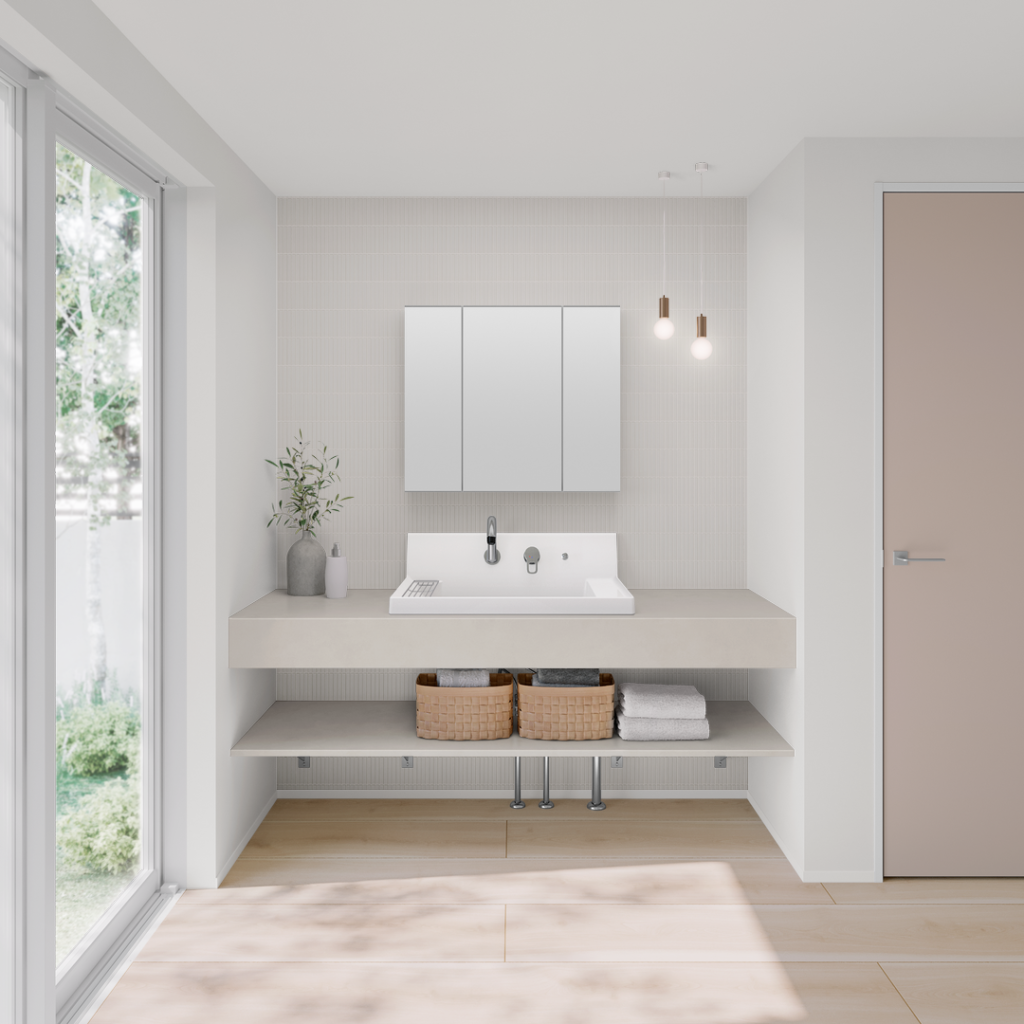 グレージュモダンなカスタムバニティの洗面空間 シマンホワイトカウンターと木目床の上質な洗面デザイン