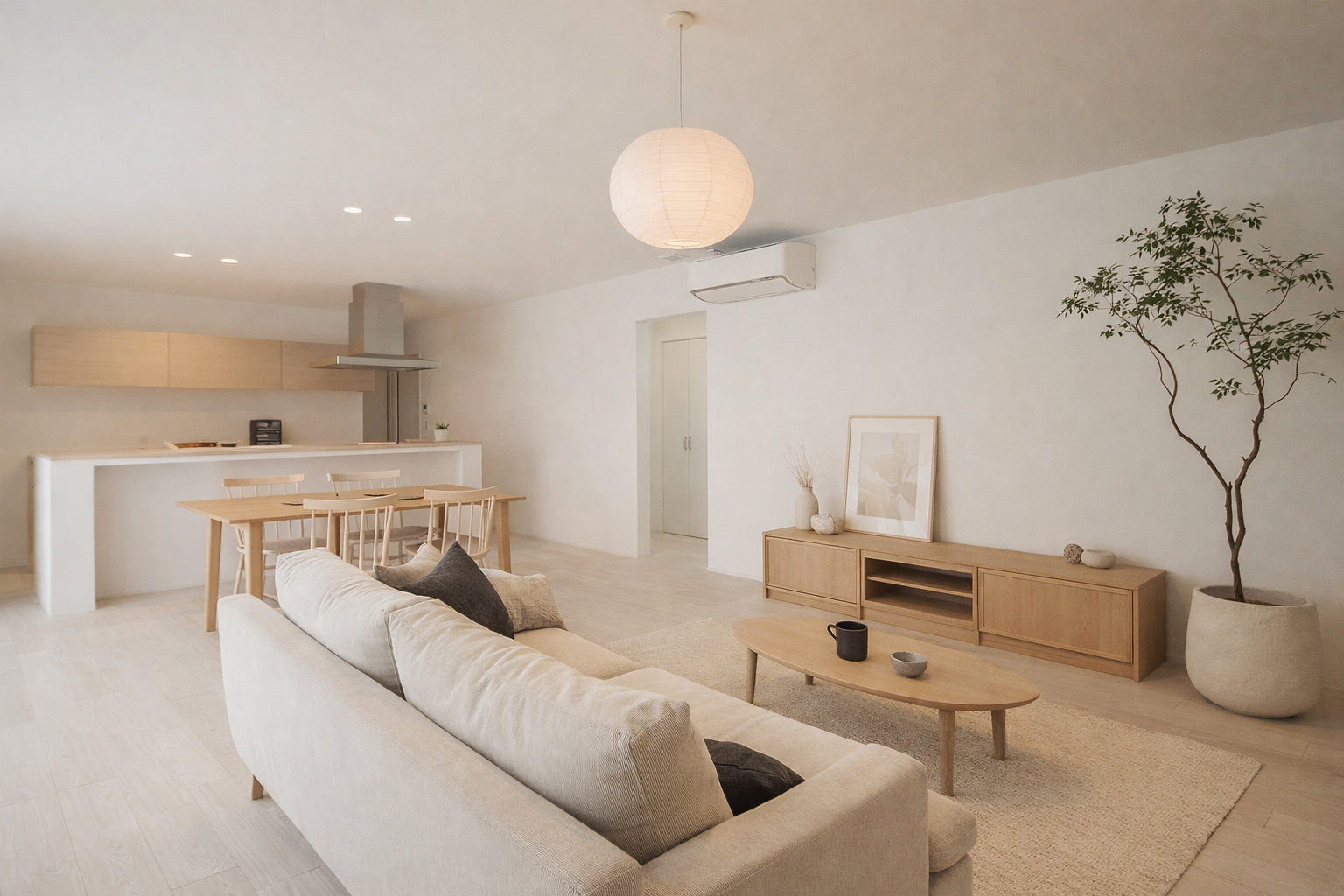 家具を最小限に抑えた余白のあるリビング空間・視覚的にすっきりとしたジャパンディインテリア