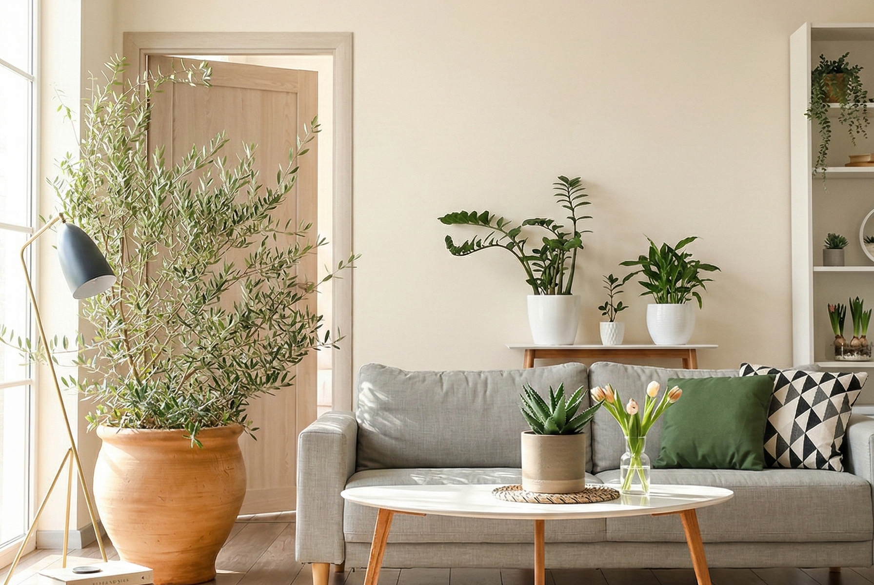 自然光を活かした北欧ナチュラルなリビング｜グレージュインテリアと木目を組み合わせた明るいLDK