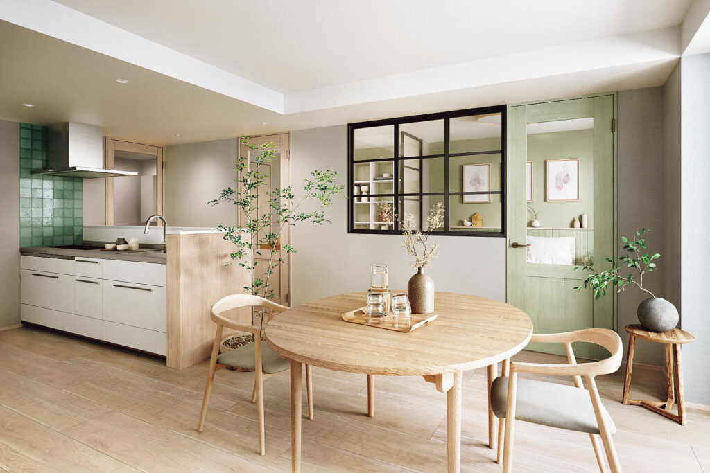 ブラックフレームの室内窓を取り入れた北欧ナチュラルリビング｜光を通して広がりを感じる間取り