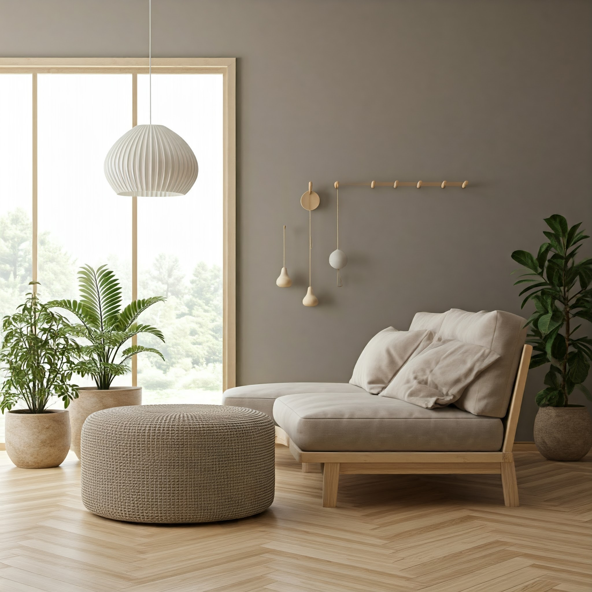 無垢材の床と自然素材の家具で構成されたジャパンディ空間・素材感が際立つシンプルな室内