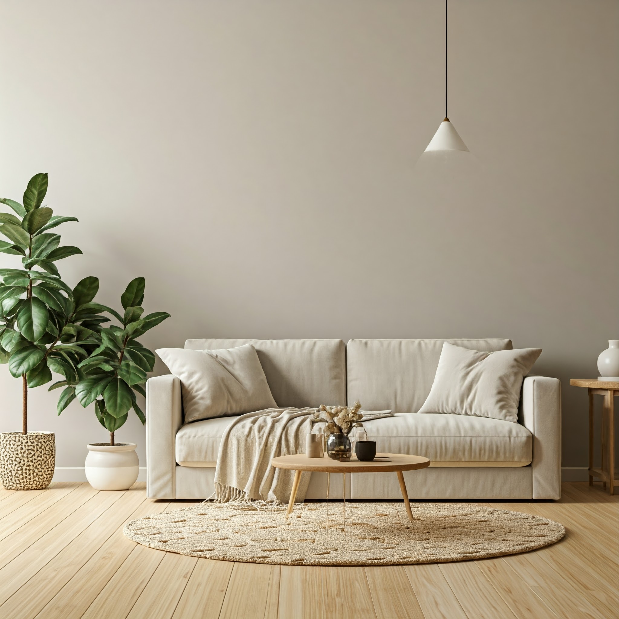 ホワイトとグレージュを基調にした統一感のある室内・落ち着いた配色のジャパンディインテリア