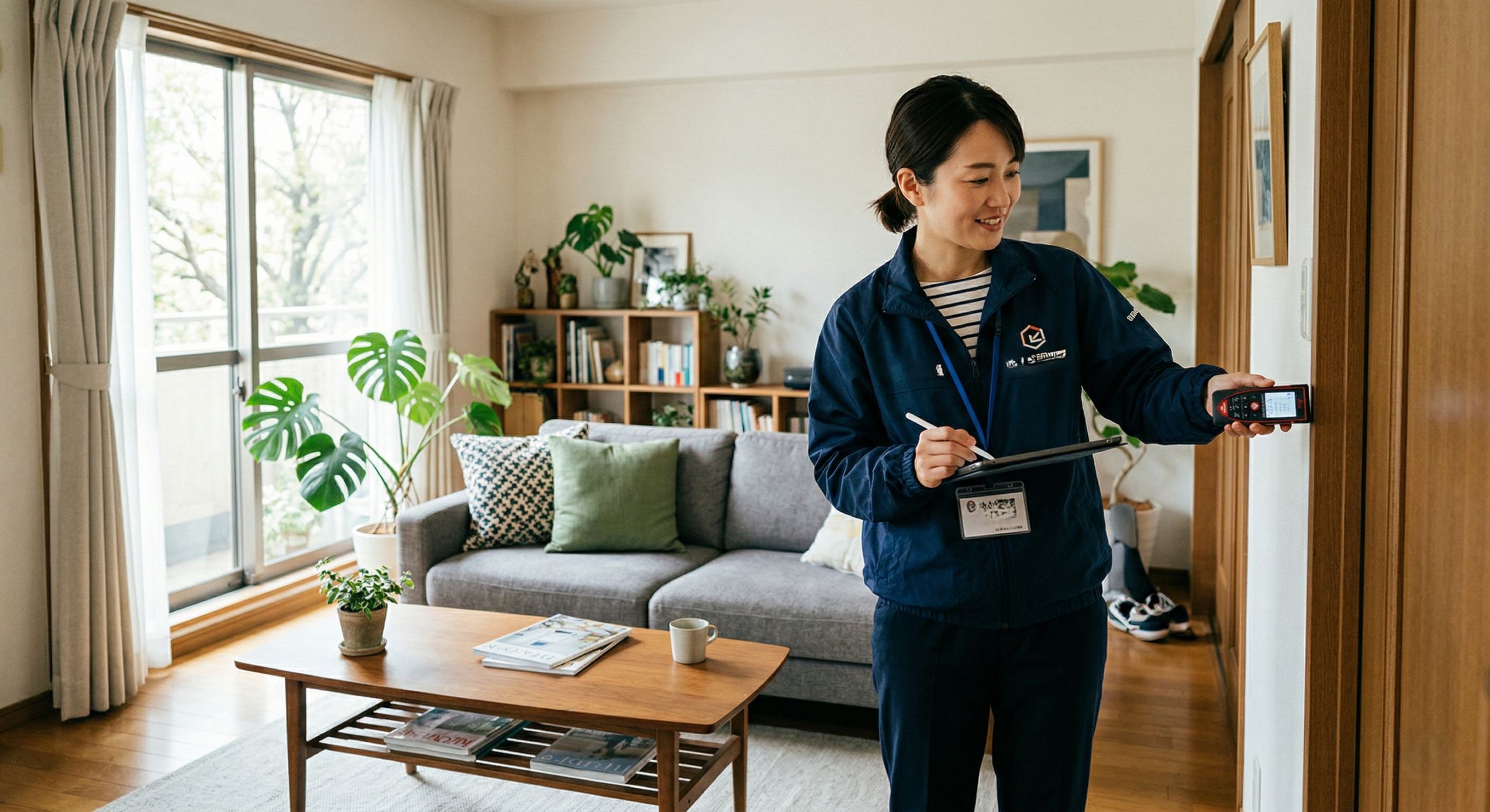 現地で間取りや設備を確認するスタッフ