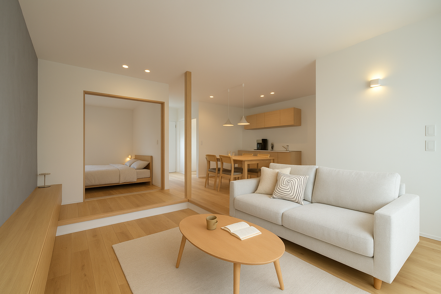 無垢材の床と木目家具で温かみのある北欧ナチュラルリビング
