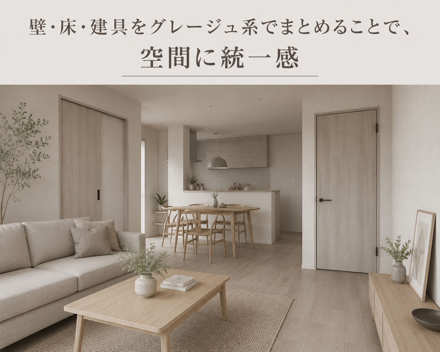 グレージュの壁・床・建具で統一感を演出したリビング空間