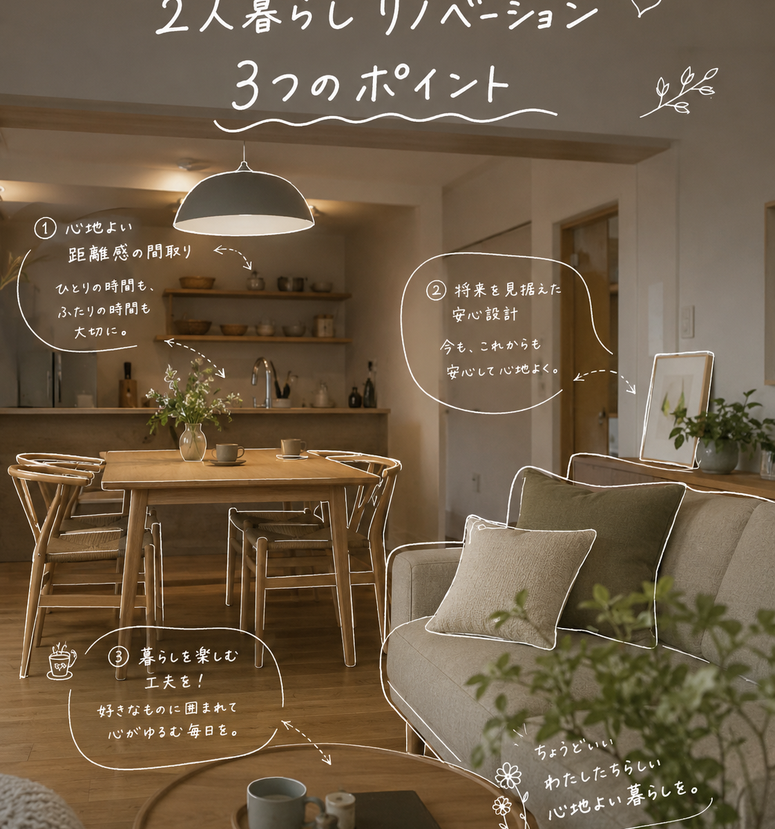 人暮らしリノベーション｜夫婦で心地よく暮らす住まいづくりの3つのポイント