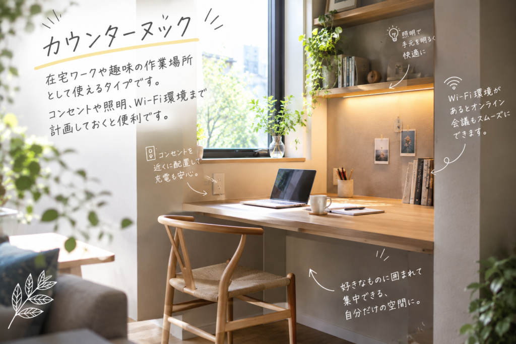 壁面カウンターと照明を備えた作業用のヌック