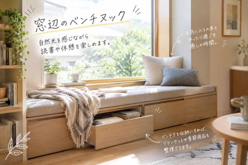 自然光が入る窓辺に設けた造作ベンチのヌック